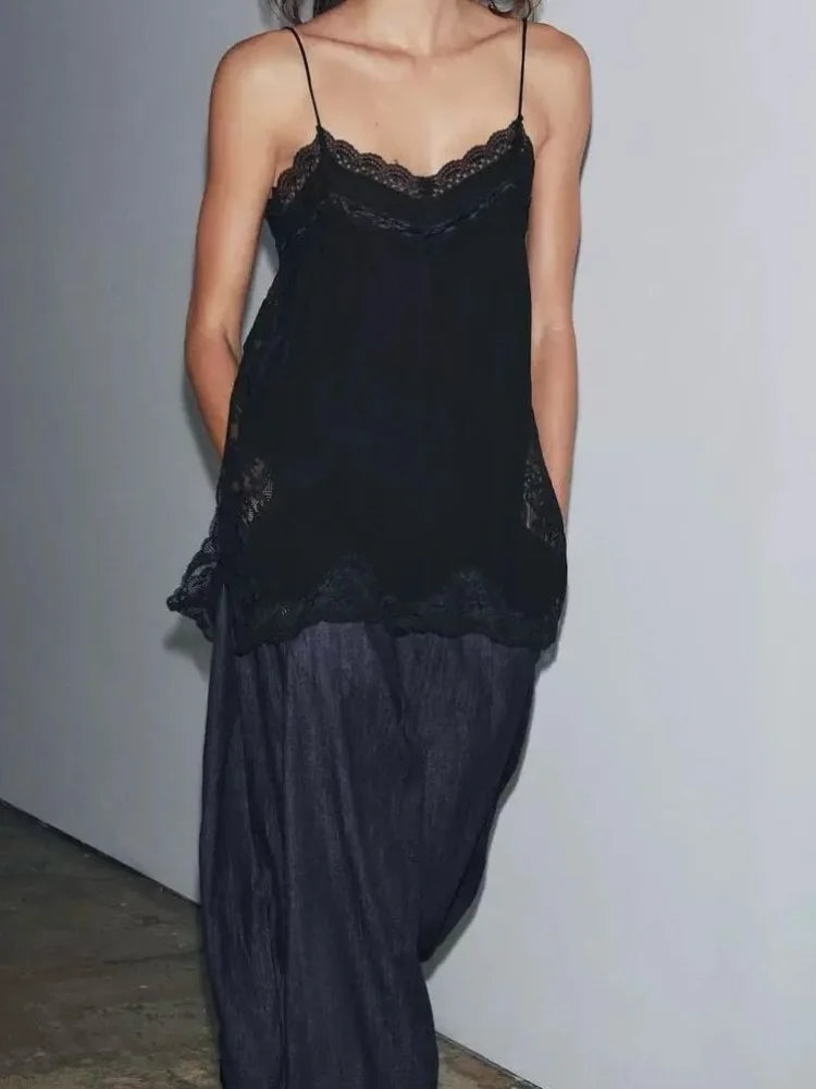Black Lace Trim See Through Camisole Dress Women Waist Cinched Slim Fit Sleeveless Vestidos 2026 Lady Daily Party Short Gowns