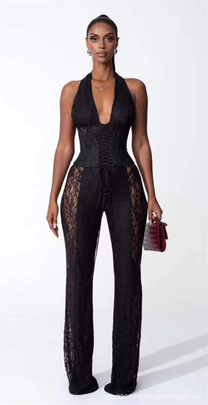 Black Lace Women Jumpsuit Sexy Halter Sleeveless Sheath Slim V Neck Flare Pants Tie Up Corset Formal Casual Birthday Prom Dress