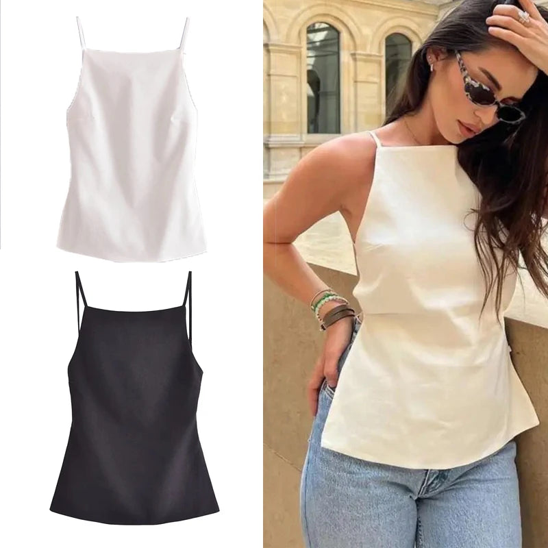 HXAO Sleeveless Black White Crop Top Women Backless Sexy Tank Tops Woman Thin Straps Party Summer Tops Streetwear Women's Top