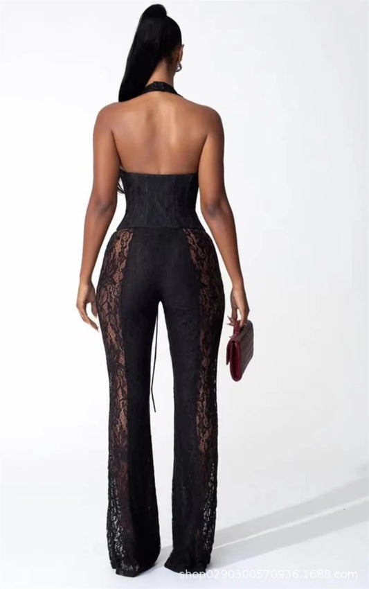 Black Lace Women Jumpsuit Sexy Halter Sleeveless Sheath Slim V Neck Flare Pants Tie Up Corset Formal Casual Birthday Prom Dress