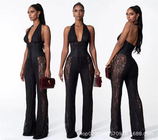 Black Lace Women Jumpsuit Sexy Halter Sleeveless Sheath Slim V Neck Flare Pants Tie Up Corset Formal Casual Birthday Prom Dress