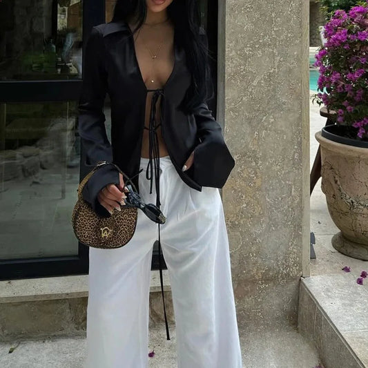 KONDALA Sexy Black Satin Bow Tie Shirts Women Long Sleeve V Neck Slim Blouses Fashion 2025 Autumn Elegant Silky Tops